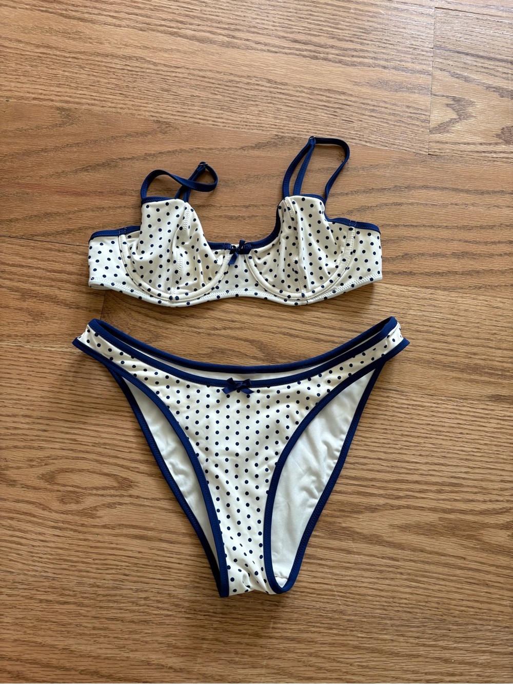 Polka Dot Two-Piece Bikini Set in Cream and Navy